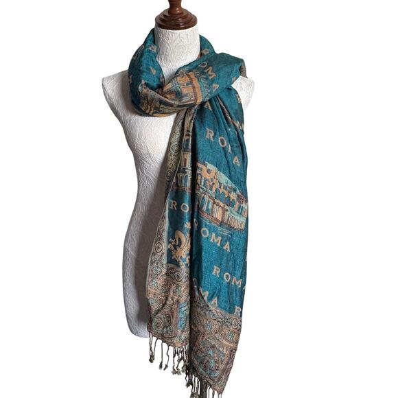Title:
Vintage Roma Italy Scarf Wrap Teal Gold Colosseum Print 70x27 - Picture 10 of 12